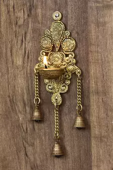 eCraftIndia Antique Finish DECORative Handcrafted Brass Wall Hanging Diya with Bells