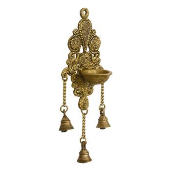 eCraftIndia Antique Finish DECORative Handcrafted Brass Wall Hanging Diya with Bells 3