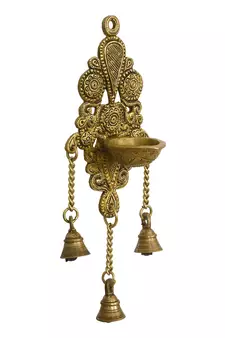 eCraftIndia Antique Finish DECORative Handcrafted Brass Wall Hanging Diya with Bells