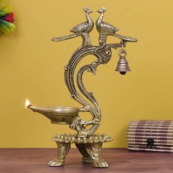eCraftIndia Antique Finish DECORative Handcrafted Brass Peocock Couple Diya with Bell and Stand 1