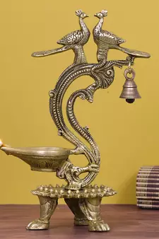 eCraftIndia Antique Finish DECORative Handcrafted Brass Peocock Couple Diya with Bell and Stand