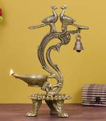 eCraftIndia Antique Finish DECORative Handcrafted Brass Peocock Couple Diya with Bell and Stand