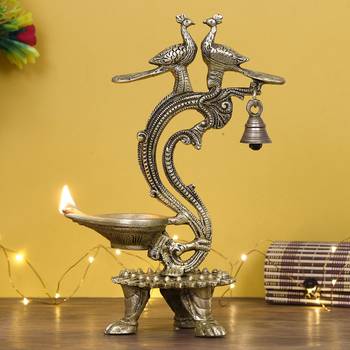 eCraftIndia Antique Finish DECORative Handcrafted Brass Peocock Couple Diya with Bell and Stand 2