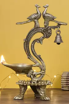 eCraftIndia Antique Finish DECORative Handcrafted Brass Peocock Couple Diya with Bell and Stand