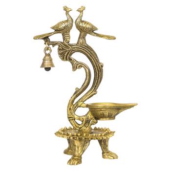 eCraftIndia Antique Finish DECORative Handcrafted Brass Peocock Couple Diya with Bell and Stand 3