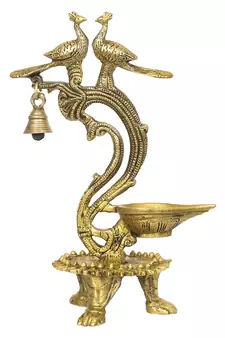 eCraftIndia Antique Finish DECORative Handcrafted Brass Peocock Couple Diya with Bell and Stand