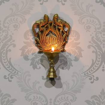 eCraftIndia Antique Finish DECORative Bird Design Handcrafted Brass Wall Hanging Diya with Bells 1
