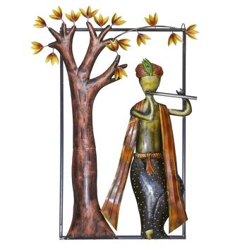 eCraftIndia Lord Krishna Playing Flute Under Tree Handcrafted Iron Wall Hanging 2