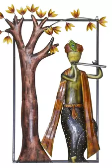 eCraftIndia Lord Krishna Playing Flute Under Tree Handcrafted Iron Wall Hanging