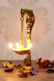 eCraftIndia DECORative Handcrafted Brass Parrot Showpiece Diya for 5 wicks with Stand