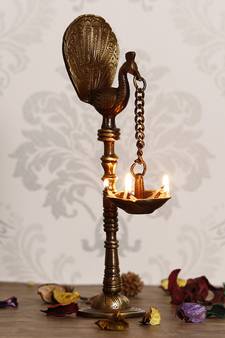 eCraftIndia DECORative Handcrafted Brass Peocock Showpiece Diya for 5 wicks with Stand
