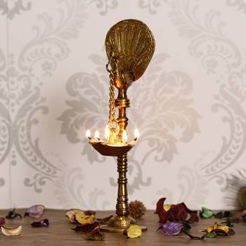 eCraftIndia DECORative Handcrafted Brass Peocock Showpiece Diya for 5 wicks with Stand 2