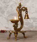 eCraftIndia Antique Finish DECORative Handcrafted Brass Parrot Showpiece Diya with Bells and Stand