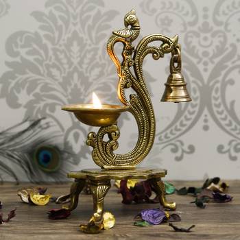 eCraftIndia Antique Finish DECORative Handcrafted Brass Parrot Showpiece Diya with Bells and Stand 2