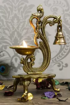 eCraftIndia Antique Finish DECORative Handcrafted Brass Parrot Showpiece Diya with Bells and Stand