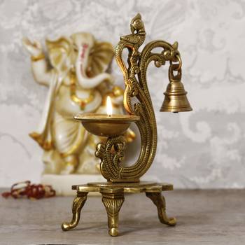 eCraftIndia Antique Finish DECORative Handcrafted Brass Parrot Showpiece Diya with Bells and Stand 3