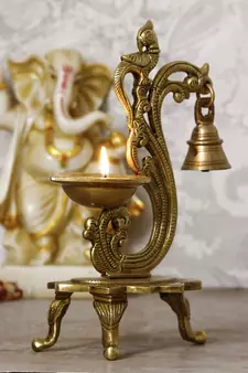 eCraftIndia Antique Finish DECORative Handcrafted Brass Parrot Showpiece Diya with Bells and Stand