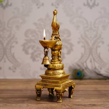 eCraftIndia Antique Finish DECORative Handcrafted Brass Peocock Showpiece Diya with Bell and Stand 1