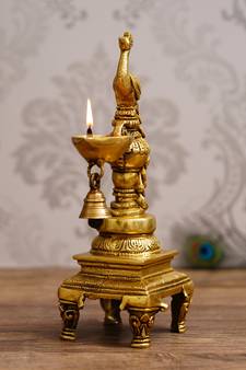 eCraftIndia Antique Finish DECORative Handcrafted Brass Peocock Showpiece Diya with Bell and Stand