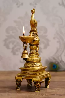 eCraftIndia Antique Finish DECORative Handcrafted Brass Peocock Showpiece Diya with Bell and Stand