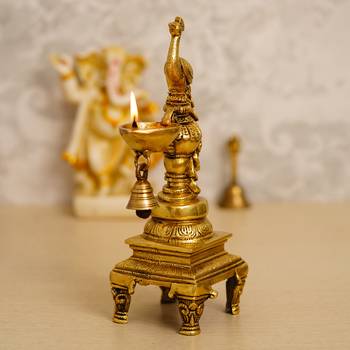 eCraftIndia Antique Finish DECORative Handcrafted Brass Peocock Showpiece Diya with Bell and Stand 2
