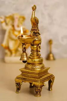 eCraftIndia Antique Finish DECORative Handcrafted Brass Peocock Showpiece Diya with Bell and Stand