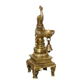 eCraftIndia Antique Finish DECORative Handcrafted Brass Peocock Showpiece Diya with Bell and Stand 3