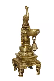 eCraftIndia Antique Finish DECORative Handcrafted Brass Peocock Showpiece Diya with Bell and Stand