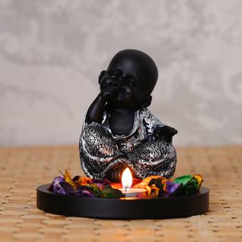 eCraftIndia DECORative Smiling Monk Silver Buddha with Wooden Base  Fragranced Petals and Tealight 1