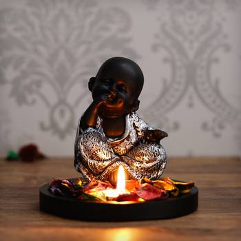 eCraftIndia DECORative Smiling Monk Silver Buddha with Wooden Base  Fragranced Petals and Tealight 2