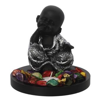 eCraftIndia DECORative Smiling Monk Silver Buddha with Wooden Base  Fragranced Petals and Tealight 3
