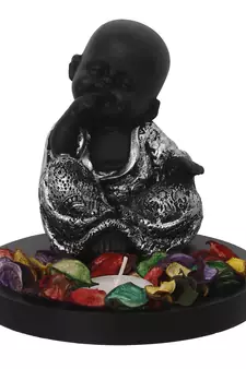 eCraftIndia DECORative Smiling Monk Silver Buddha with Wooden Base  Fragranced Petals and Tealight