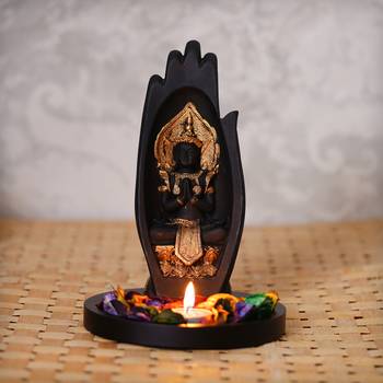 Golden Handcrafted Meditating Buddha Under Palm DECORative Showpiece with Wooden Base  Fragranced Petals and Tealight 1