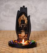 Golden Handcrafted Meditating Buddha Under Palm DECORative Showpiece with Wooden Base  Fragranced Petals and Tealight
