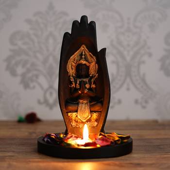 Golden Handcrafted Meditating Buddha Under Palm DECORative Showpiece with Wooden Base  Fragranced Petals and Tealight 2