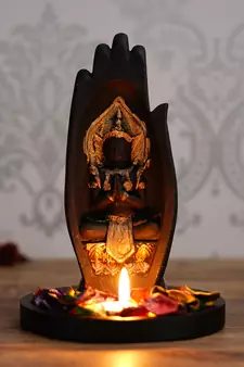 Golden Handcrafted Meditating Buddha Under Palm DECORative Showpiece with Wooden Base  Fragranced Petals and Tealight