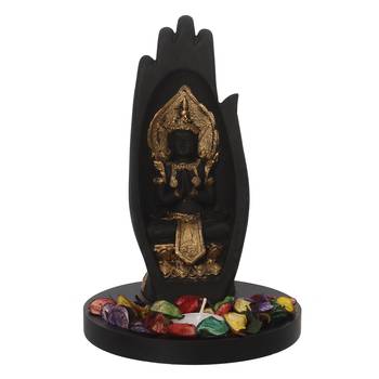 Golden Handcrafted Meditating Buddha Under Palm DECORative Showpiece with Wooden Base  Fragranced Petals and Tealight 3