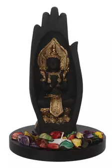 Golden Handcrafted Meditating Buddha Under Palm DECORative Showpiece with Wooden Base  Fragranced Petals and Tealight