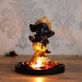Golden and Black Lord Ganesha Dancing Avatar DECORative Showpiece with Wooden Base  Fragranced Petals and Tealight 2