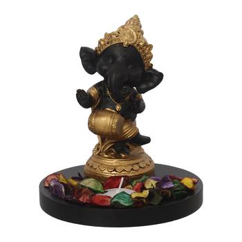 Golden and Black Lord Ganesha Dancing Avatar DECORative Showpiece with Wooden Base  Fragranced Petals and Tealight 3