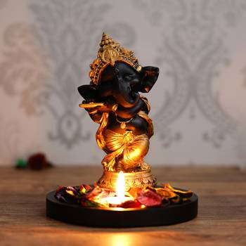 Golden and Black Lord Ganesha Dancing Avatar DECORative Showpiece with Wooden Base  Fragranced Petals and Tealight 2