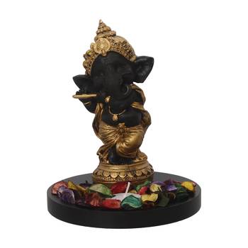 Golden and Black Lord Ganesha Dancing Avatar DECORative Showpiece with Wooden Base  Fragranced Petals and Tealight 3