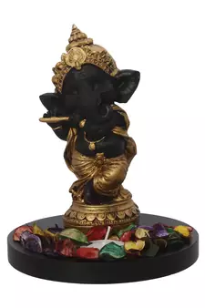 Golden and Black Lord Ganesha Dancing Avatar DECORative Showpiece with Wooden Base  Fragranced Petals and Tealight