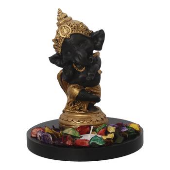 Golden and Black Lord Ganesha Dancing Avatar DECORative Showpiece with Wooden Base  Fragranced Petals and Tealight 3