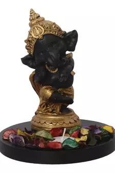 Golden and Black Lord Ganesha Dancing Avatar DECORative Showpiece with Wooden Base  Fragranced Petals and Tealight