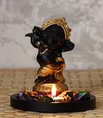 Golden and Black Lord Ganesha Dancing Avatar DECORative Showpiece with Wooden Base  Fragranced Petals and Tealight