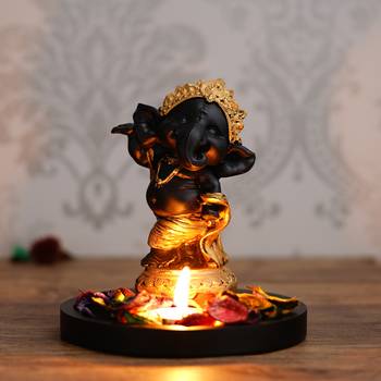 Golden and Black Lord Ganesha Dancing Avatar DECORative Showpiece with Wooden Base  Fragranced Petals and Tealight 2