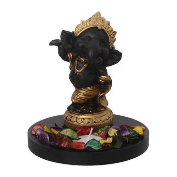 Golden and Black Lord Ganesha Dancing Avatar DECORative Showpiece with Wooden Base  Fragranced Petals and Tealight 3