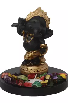 Golden and Black Lord Ganesha Dancing Avatar DECORative Showpiece with Wooden Base  Fragranced Petals and Tealight