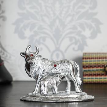 eCraftIndia Premium White Metal DECORative Kamdhenu Cow with Calf Figurine 1